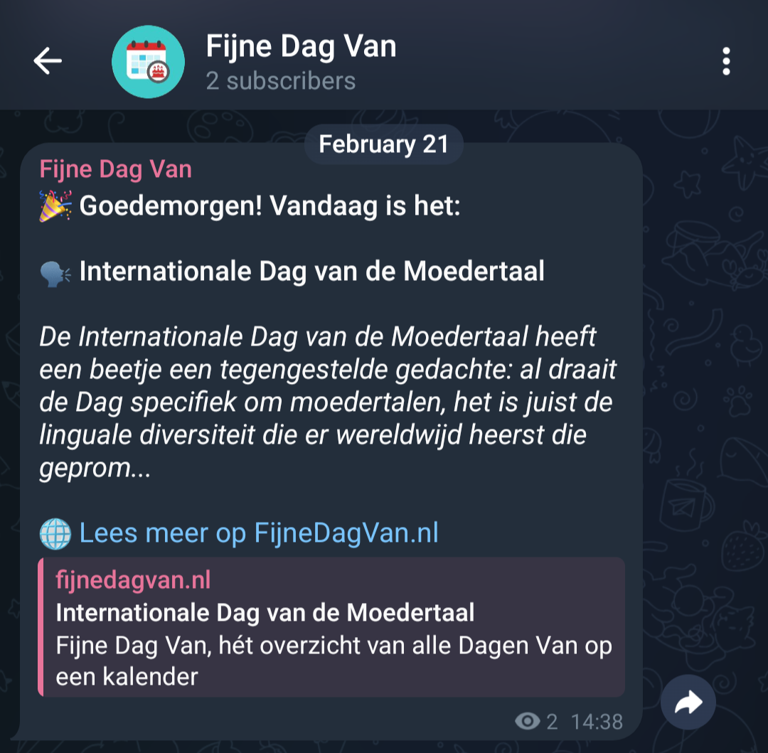 Een screenshot van de Telegram-dienst van Fijne Dag Van